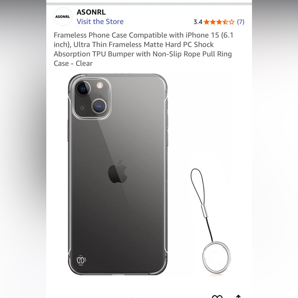 New 2 Set Clear Frameless Phone Case iPhone 15 Compatible Ultra Thin + Pull Ring